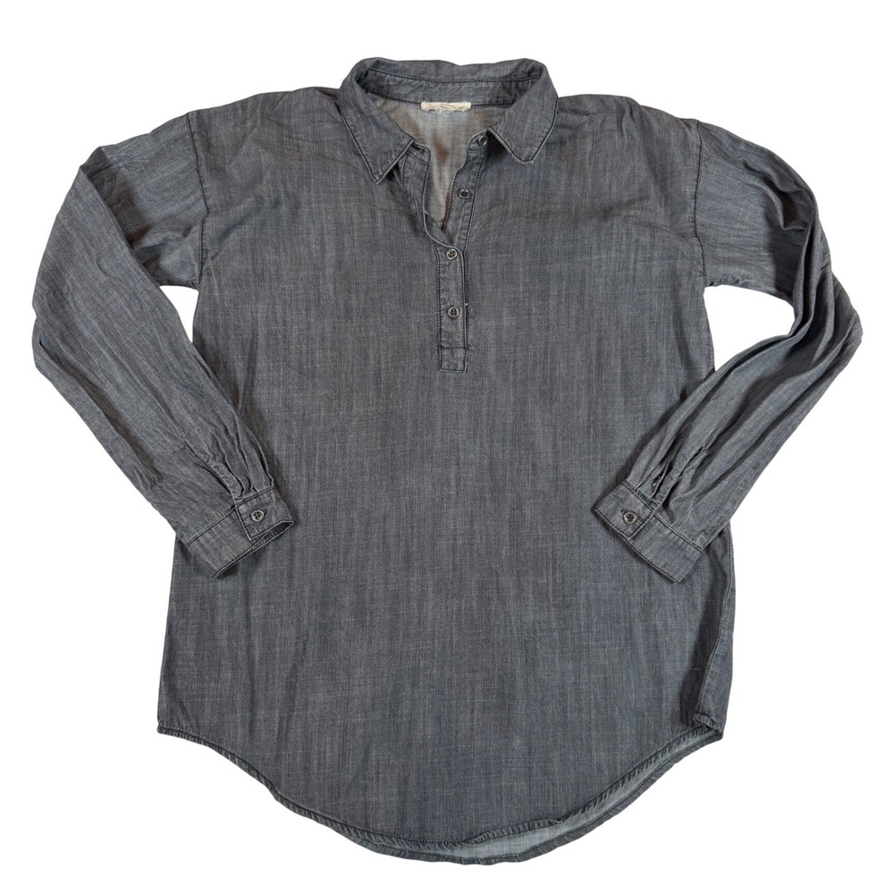 Eileen Fisher Gray Tencel Organic Cotton Chambray Henley Tunic Top XS Popover